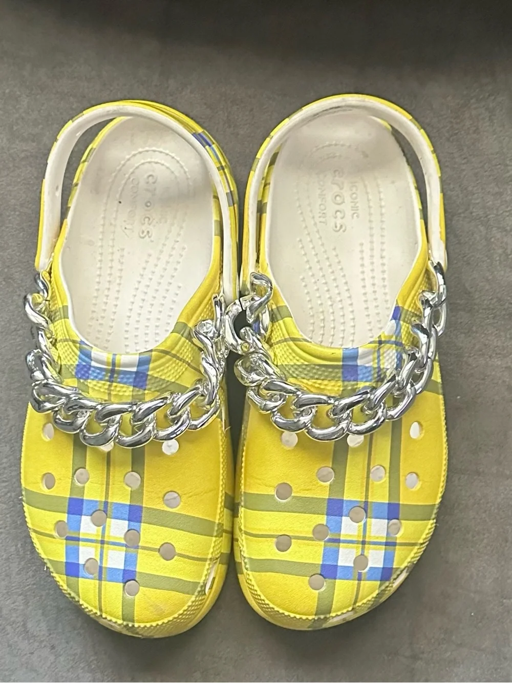 CROCS Yellow Plaid Clogs with Silver Chain Accent